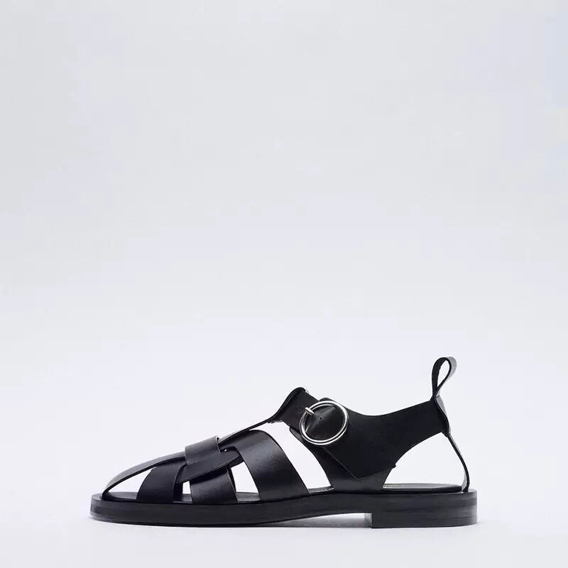 Sandalias de gladiador de cuero negro Retro para mujer, zapatos informales cerrados con tejido cruzado, zapatos planos de punta redonda para mujer, novedad de verano: black / 35