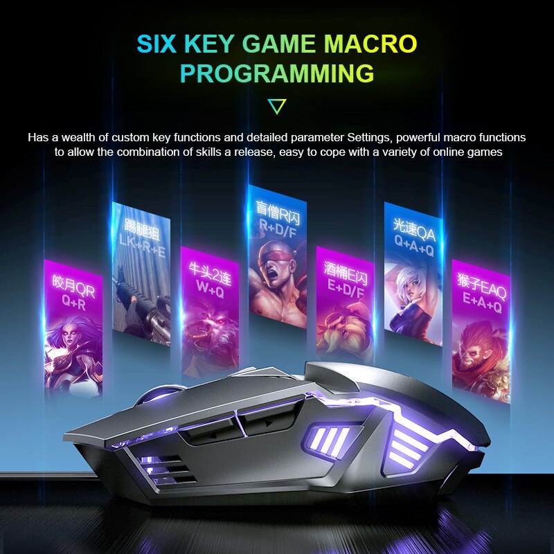 InPhic Home-ratón silencioso con cable USB de 4800DPI, dispositivo de programación de Macro de 6 teclas, con sensación de juego para deportes electrónicos, para PC, portátil y Notebook