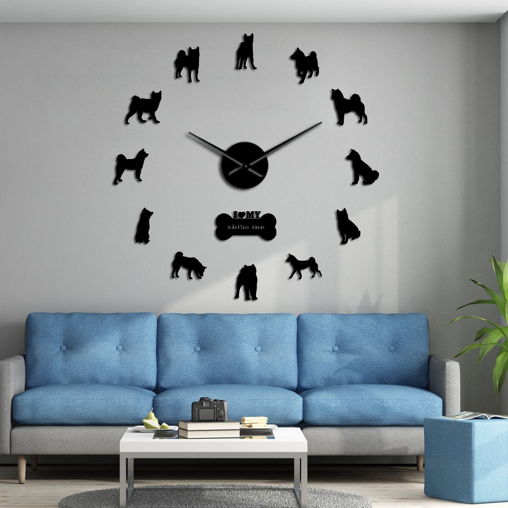 Japanse Shiba Inu Hond Decoratieve Moderne Wandklok Shiba Ken Hond Ras Frame Grote Wandklok Met DIY Arylic Spiegel stickers
