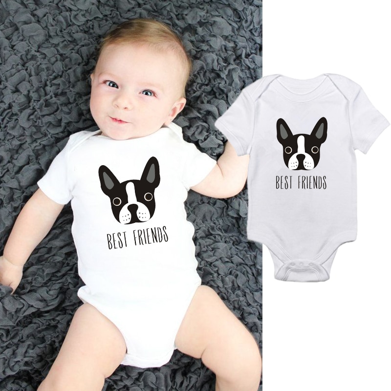 Dermspe spædbarn nyfødt baby dreng pige kortærmet bedste venner søde hund print romper jumpsuit outfits sommer baby tøj