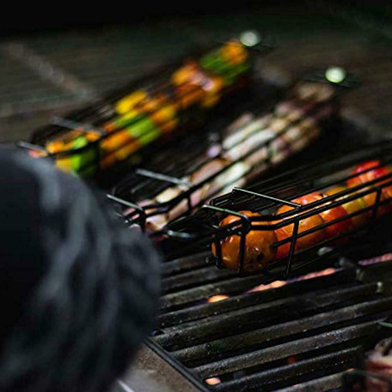 Wooden Handle Barbecue Cage Grill Net Portable Non-stick Barbecue Accessories Camping Charcoal Grill BBQ Grill Outdoor Stove