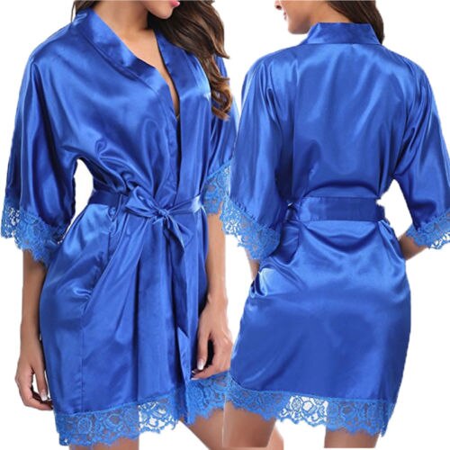 Women Summer Silk Satin Half Sleeve Lace Bandage V-Neck Sleepwear: Blue