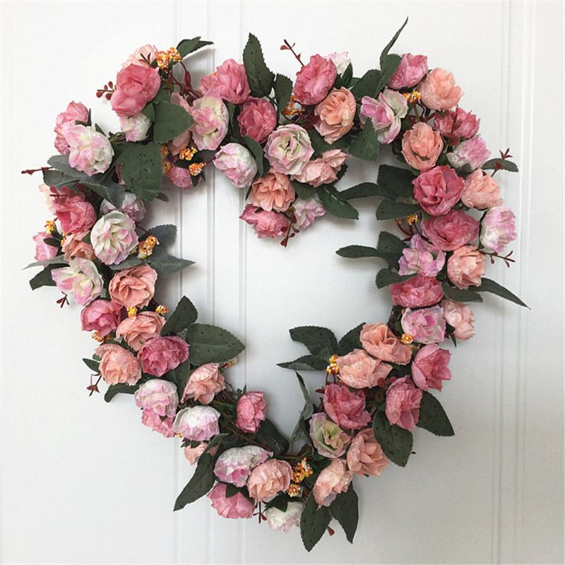 Artificial Flowers Heart-shaped rose Wreath Spring Wreath Outdoor for Front Door 57BB