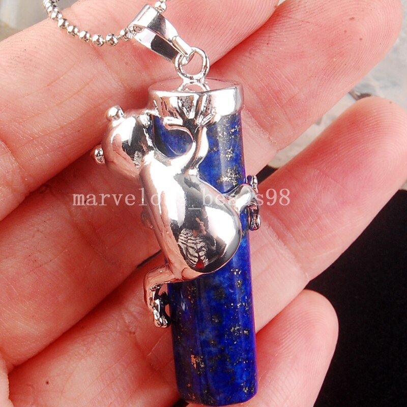 Vakre smykker 15 x 41mm ekte lapis lazuli frosk forsterket kolonne anheng halskjede med kjede  pc3872