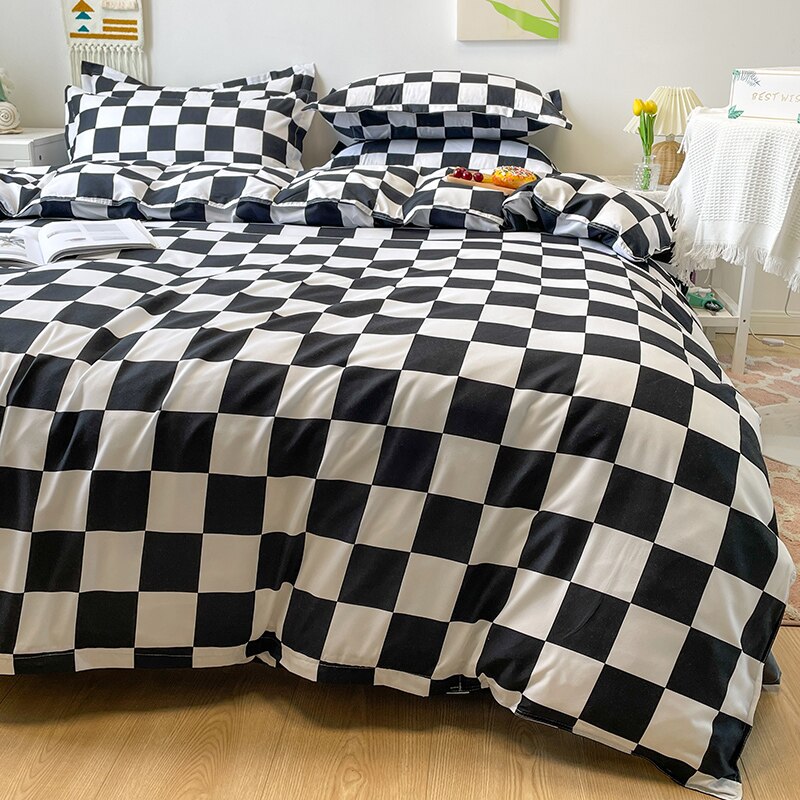 Plaid Nordic powłoczki 240x220 poszewka prześcieradło pościel 150 pojedyncze podwójne królowa król proste szachownica kołdra pokrywa: Black / 4pcs King 220x240