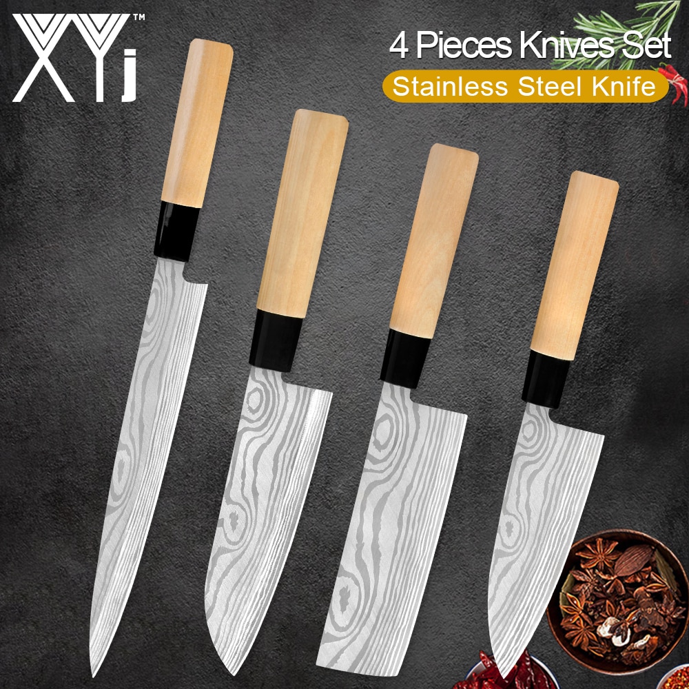 XYj 4pcs Japanese Style Stainless Steel Knives Set Damascus Veins Blade Wood Handle Chef Santoku Chopping Sashimi Knife Sushi