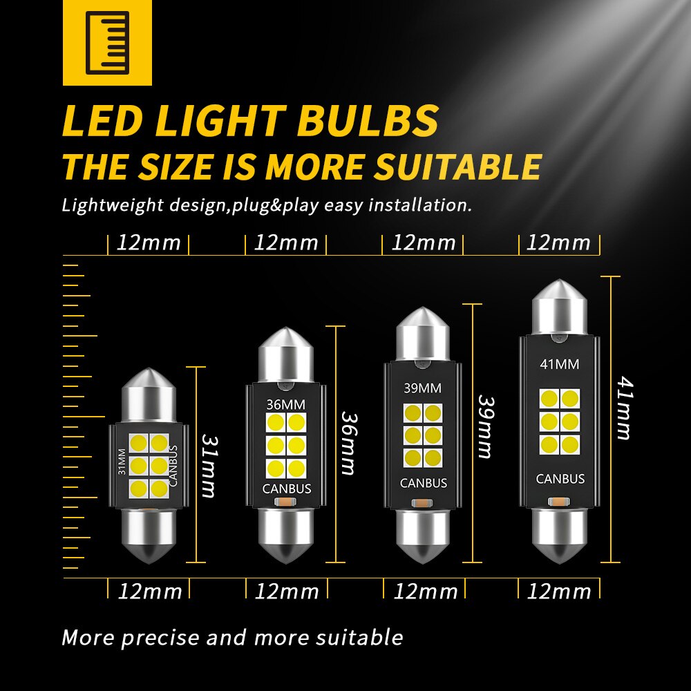 Dxz 10 stk  c5w led pærer canbus festoon -31mm 36mm 39mm 41mm 3030 chip  c10w ingen fejl bil interiør kuppel lys læselys 12v/24v