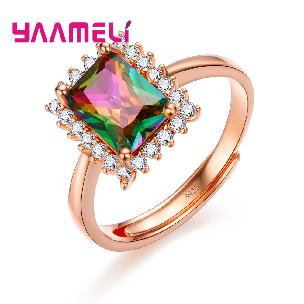 8 disegni in argento Sterling 925 apertura regolare anello per fedi nuziali per uomo donna chiaro/arcobaleno mistico zircone cubico accessori per feste: Colore rosa