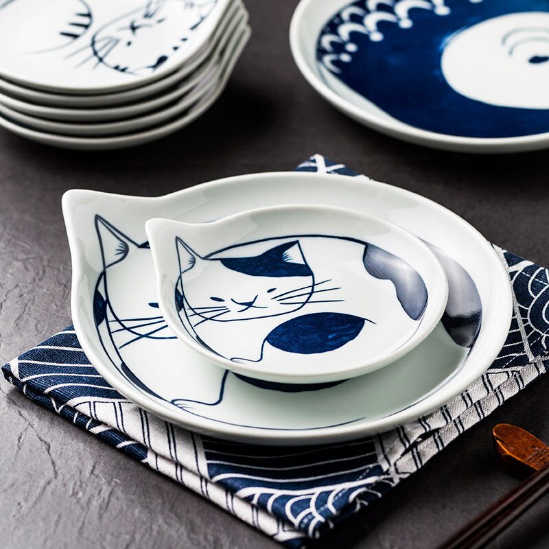 Japanese Style Ceramic Dessert Sauce Dish Tableware Cute Cartoon Lucky Cat Pattern Water Shape Fruit Sushi Plates