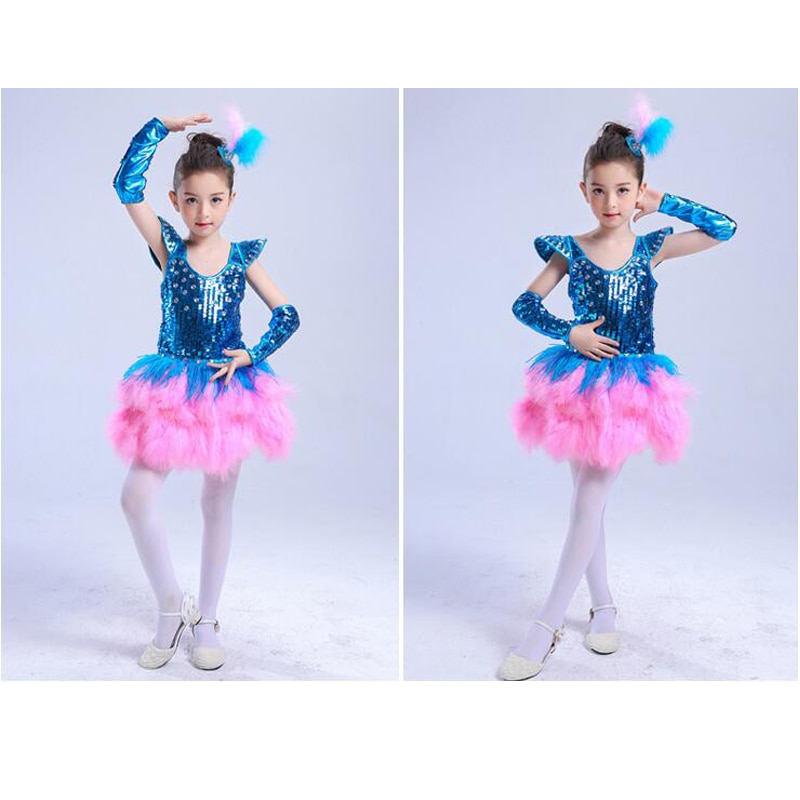 Pink Blue Girls Sequined Modern dance dress Kids Party dancewear costumes Outfits Children Ballroom Jazz Hip Hop dancing dress