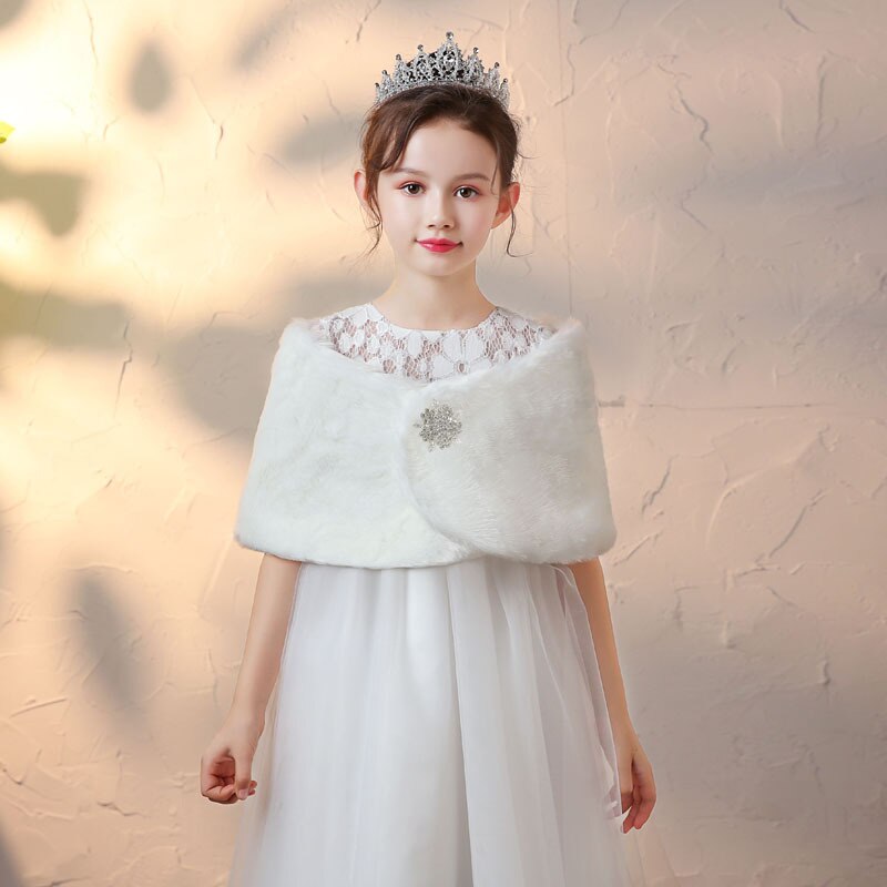 Veste en fausse fourrure blanche pour enfants, Cape de mariage pour filles, enveloppes de robe de Communion, Cape boléro d&#39;hiver, veste avec broche châle