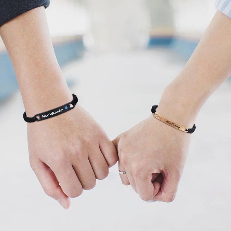 His Crazy Her Weirdo Stainless Steel Tag Couple Bracelet in Black Braided Rope Jewelry