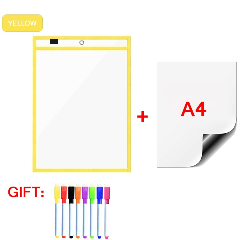 Magnetic Whiteboard Soft Dry Erase Pockets Bags Write Wipe Drawing Writing Classroom Teaching Supplies Reusable Magnet Markers: YellowA48P
