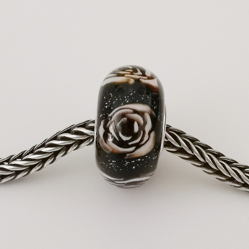 925 Sterling Zilver Groot Gat Kleurrijke 3D Black Rose Bloem Glas Charm Kralen Fit Europese Armband Sieraden