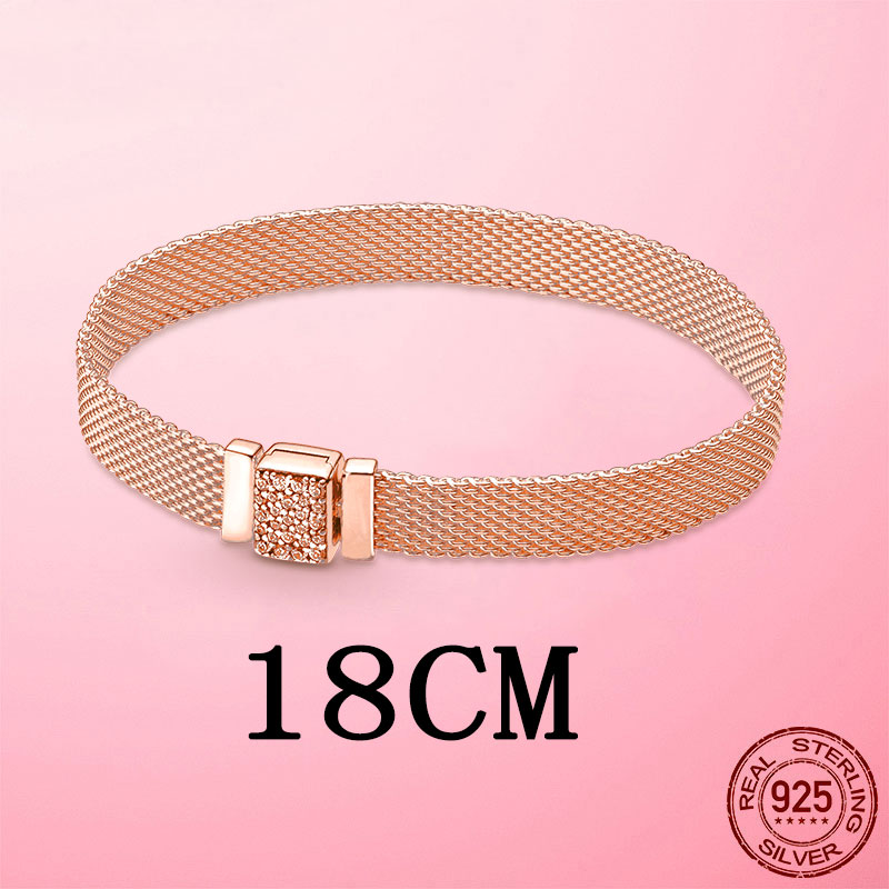 Silver Bracelet 925 Sterling Silver &amp; Rose Gold Cubic Zircon Clasp Reflection Bracelet for Women DIY Silver Jewelry: PTB025-18