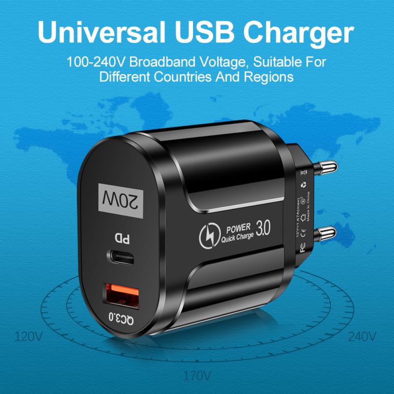 Fast Charging 20W PD Charger QC3.0 for iPhone Android Mobile Phone USB Charger USB-A+Type-c Dual Ports Phone Charger PD Charger