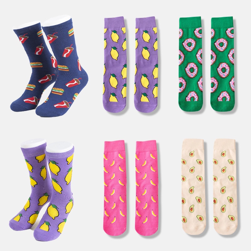 Damskie awokado cytryna jajko Cookie pączki zadowolony z japonii Harajuku deskorolka skarpetki owoce w stylu kreskówki długie skarpetki słodkie śmieszne banan
