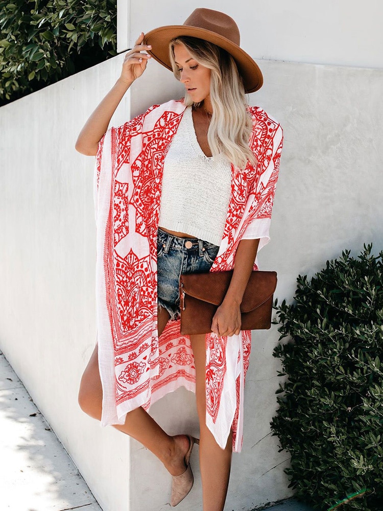 Fitshinling etnisk vintage strand kimono blomst gul oversize bikini cover up badetøj 2022 sommer boheme uregelmæssig cardigan