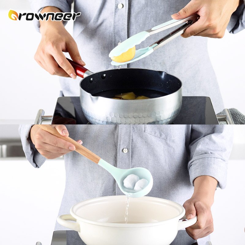 9/11Pcs Silicone Kitchen Set Wooden Cooking Accessories Spatula Ladle Spoons Heat Resistant Green Multifunction Utensils Tools