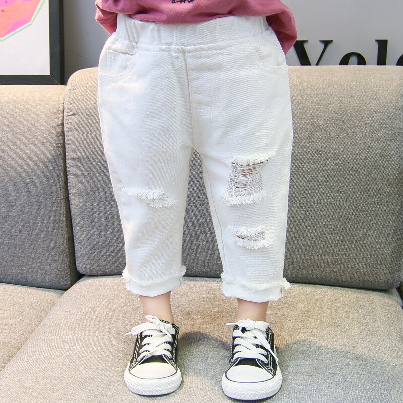 Spring girls white loose ripped jeans toddler kids casual all-match denim pants: 5