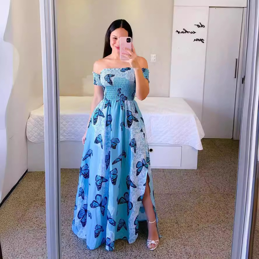 Moda feminina um ombro impresso split doce e elegante borboleta arco-íris vestido longo senhora vestidos flor sólido colorido