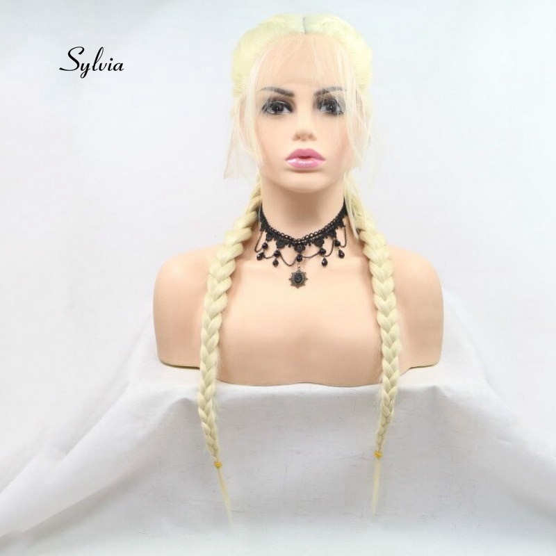 Sylvia Licht blond Doppel flechten Perücke Mit Baby Haar Synthetische flechten Spitze Vorderseite Perücken Wärme Beständig Faser Haar Mittelscheitel
