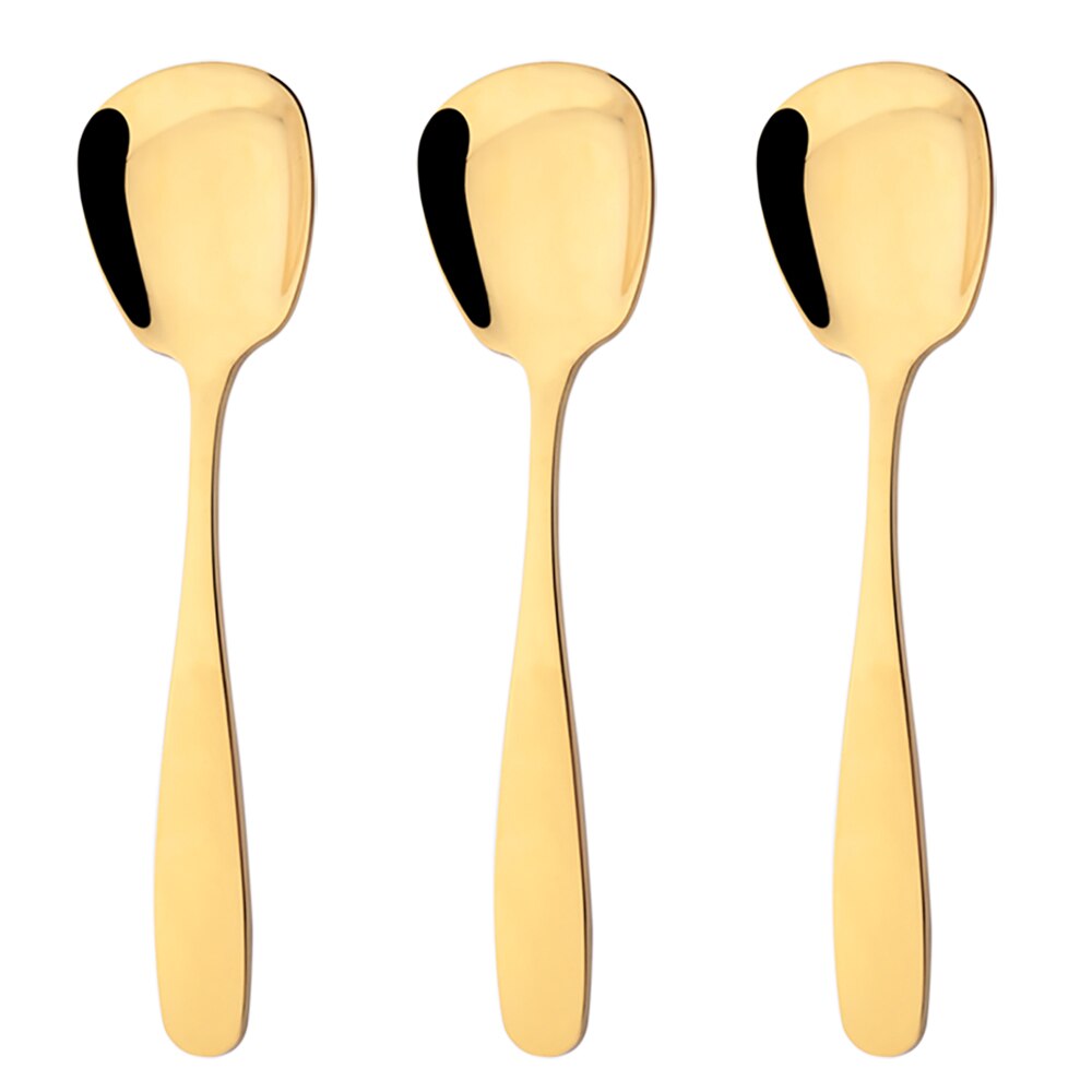 3Pcs Cutlery Stainless Steel Set Plat Bottom Square Dinner Spoons Dinnerware Child Ice Cream Dessert Salad Spoons Silverware Set: S 3.9x15.3(cm) / 3Pcs Gold