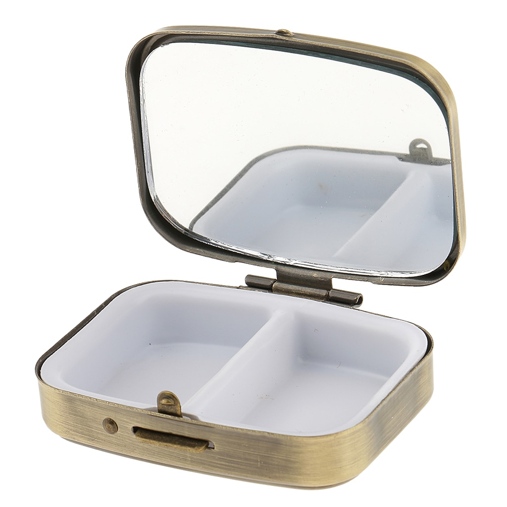 Pill Box With Mirror- Compact 2 Compartments Medicine Case Pill Box for Pocket or Purse, Retro Metal