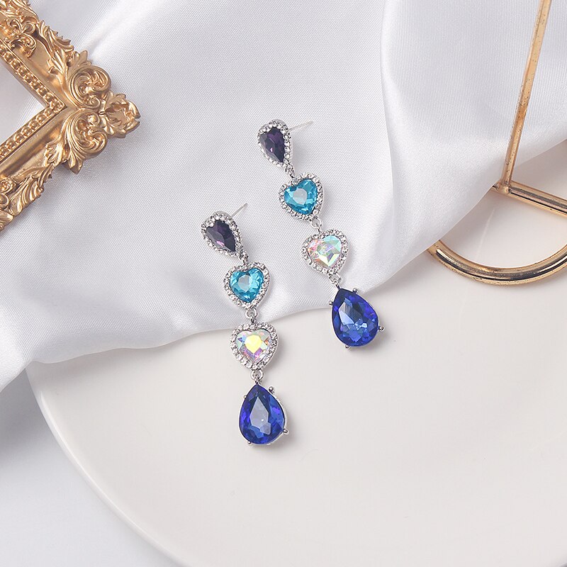 MWSONYA Korean Blue Love Heart Crystal Earrings for Women Water Crystal Tassel Pendant Shining Jewelry