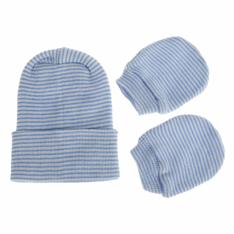 2 pièces bébé anti-rayures doux coton gants Double couches ensemble de chapeaux Protection éraflure mitaines plus casquette Kits: Bleu