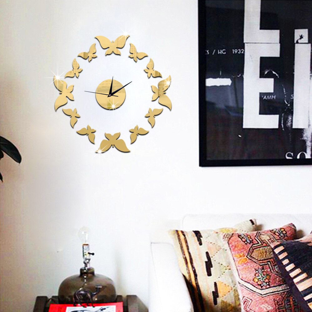 Baggrund vægdekoration krystal tredimensionelt sommerfugl ur spejl miljø akryl wallsticker cms 05