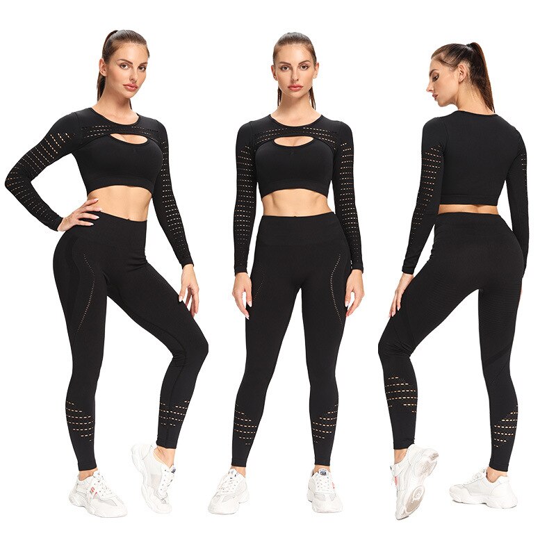 Vrouwen 2Pcs Naadloze Yoga Set Sport Pak Turnkleding Workout Kleding Met Lange Mouwen Gym Crop Top Hoge Taille Leggings Fitness sportkleding