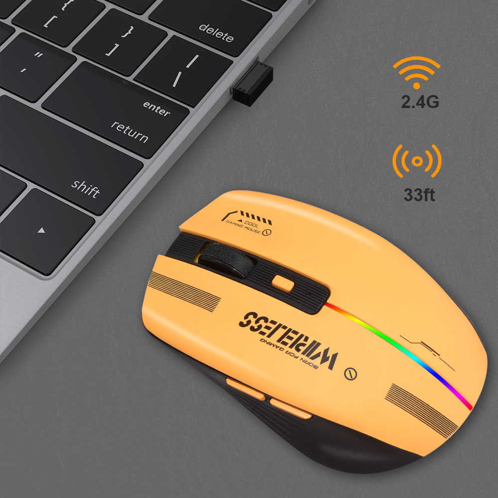Lt -t19 ergonomisk genopladelig gamingmus usb 2.4g trådløs rgb-lys stationær pc computere bærbar computer mus: Gul