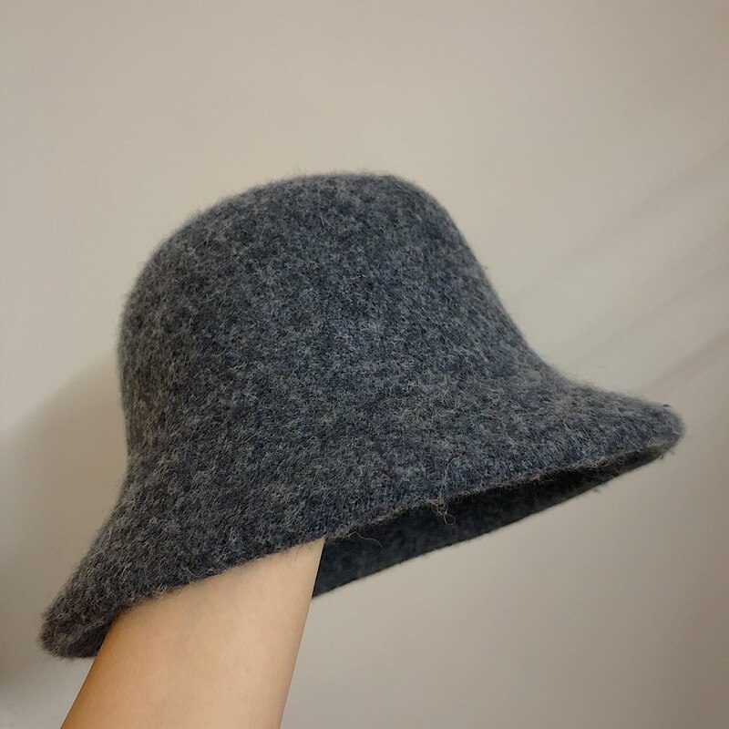 Gorro de lana tipo Bucket para mujer, sombrero de pescador Vintage, versátil, 6 colores, plegable, para otoño e invierno,: Gris