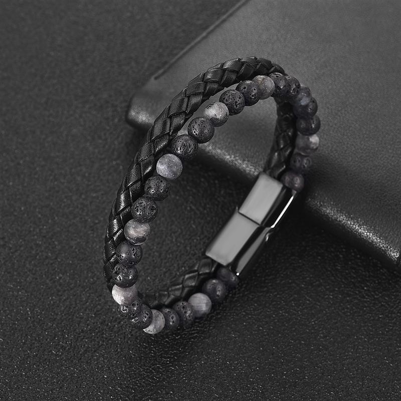 Jiayiqi leren armband, natuursteen kralen armbanden voor heren, roestvrij staal magnetische sluitingen bangle heren sieraden