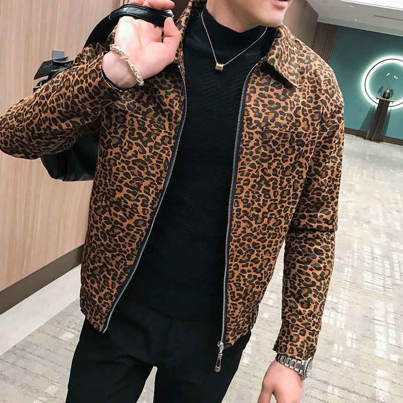 Chaqueta de leopardo para hombre, Cazadora bomber de con cremallera, informal, a la , primavera y otoño,