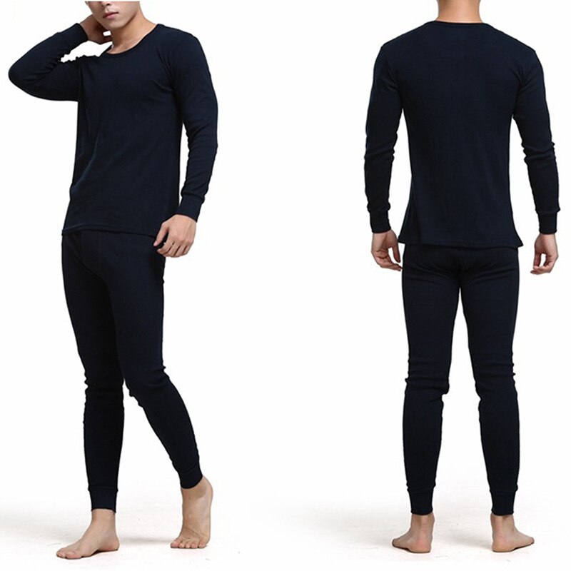 GAOKE Winter Round Neck Warm Long Set For Men Ultra-Soft Solid Color Thin Thermal Underwear Plus Size L-3XL: Navy Blue / XXXL