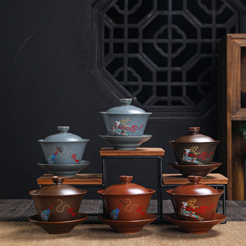 Retro Ceramic Gaiwan Wood-fired Ancient Pottery Tea Bowl Pipa Deer Pattern Tea Cup Kungfu Teaware Kitchen Drinking Tool 190ml
