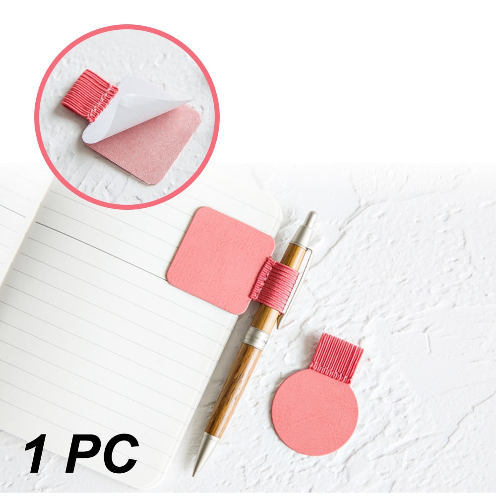 1p Branded Pen Clip Portable Pu Leather Pen Holder Self Adhesive Pencil Elastic Ring For Notebook Diary Clipboard