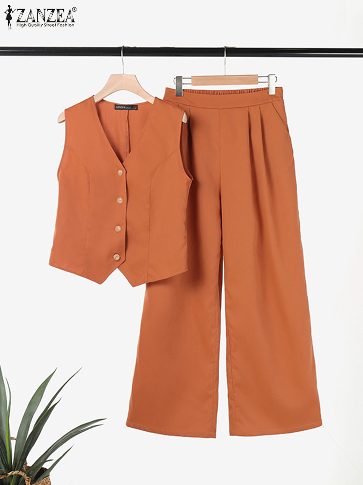 ZANZEA Trousers Suits Summer Sleeveless Tops Solid Work Tracksuit Casual Outifits Women Wide Leg Pants Sets 2pcs