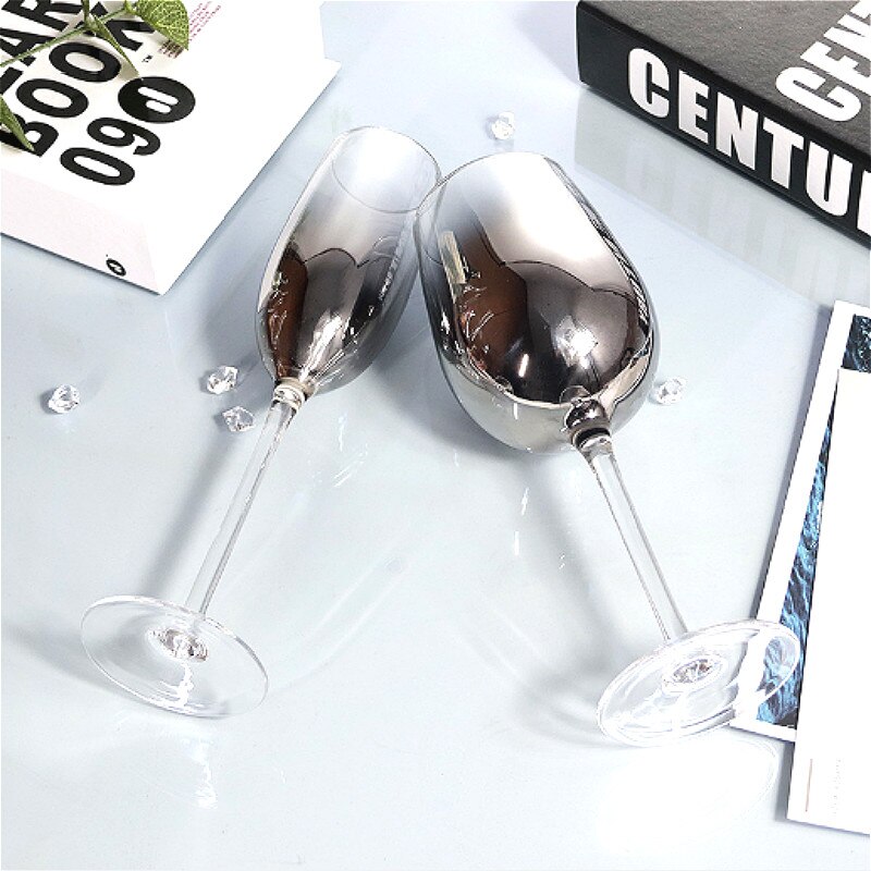 Verre Transparent à vin rouge, verre à pied haut en plexiglas, cristal galvanisé, résistant à la chaleur, dégradé argent gris, 220/450ml