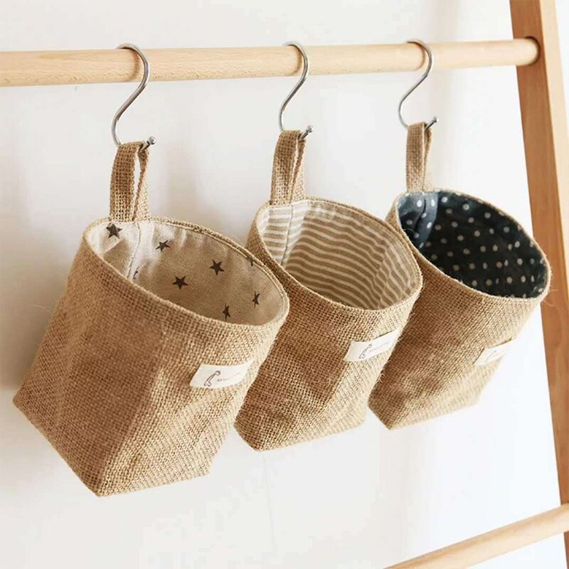 Hanging Storage Basket Jute Cotton Linen Pocket Storage Box Small Sack Sundries Organizer Cosmetic Organizer Home Decor