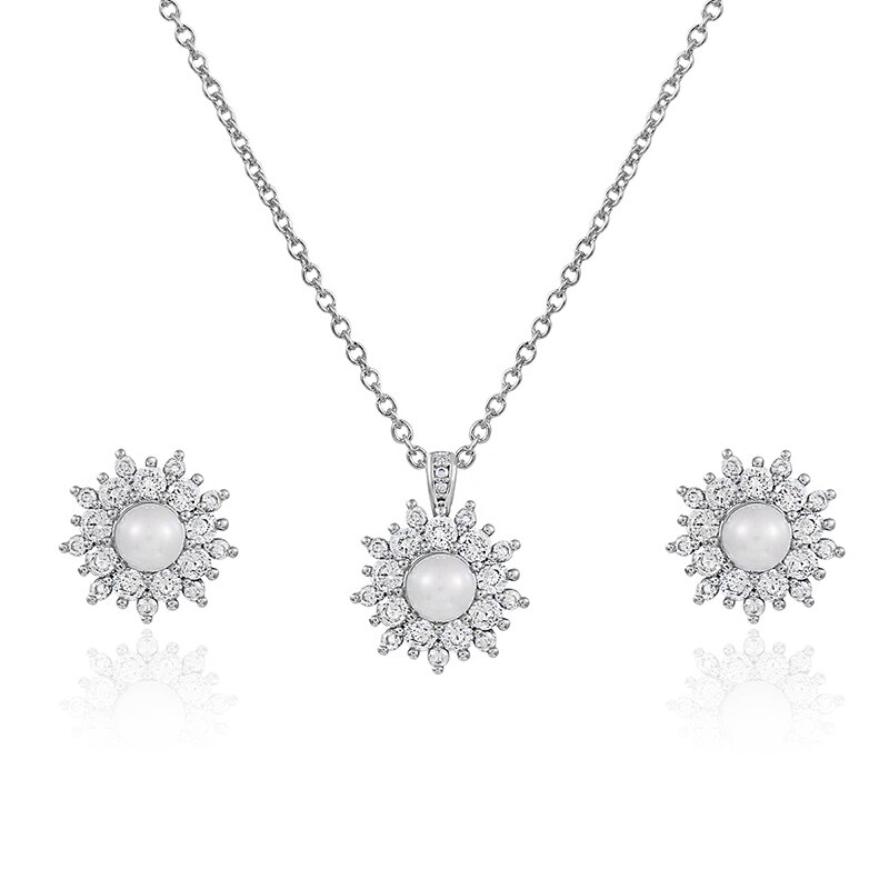 Weimanjingdian Exquisite Zirconia En Shell Parel Bloem Ketting Oorbel Bruids Sieraden Set: Rhodium Silver