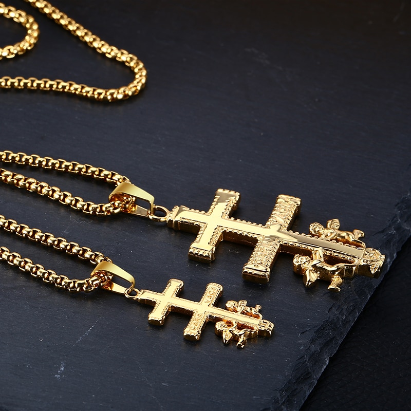 Rir Gold Katholieke Caravaca Kruisbeeld Orthodoxe Rusland Kruis Ketting Hanger Met Cherub Angel Beste Christelijke Kettingen Voor Mannen