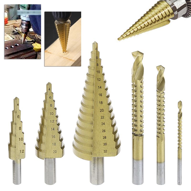 6 Pcs/Set HSS Steel Titanium Coated Step Drill Bit Hole Cutter 4-32mm Metal Tool