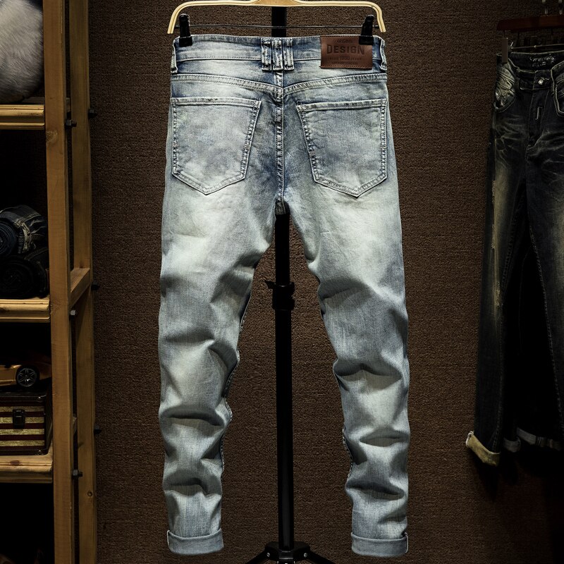 Jeans rasgados homens luz azul estiramento fino ajuste primavera e outono calças jeans angustiado streetwear biker calças de brim homem hip hop