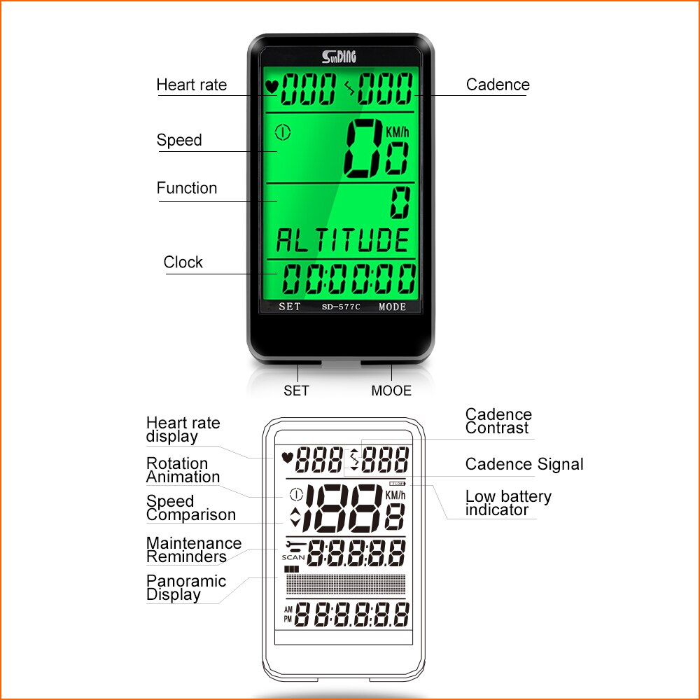 Sunding SD-577C Cycling Computer Wireless Stopwatch MTB Bike Cycling Odometer Stopwatch Bicycle Speedometer Time LCD Backlight