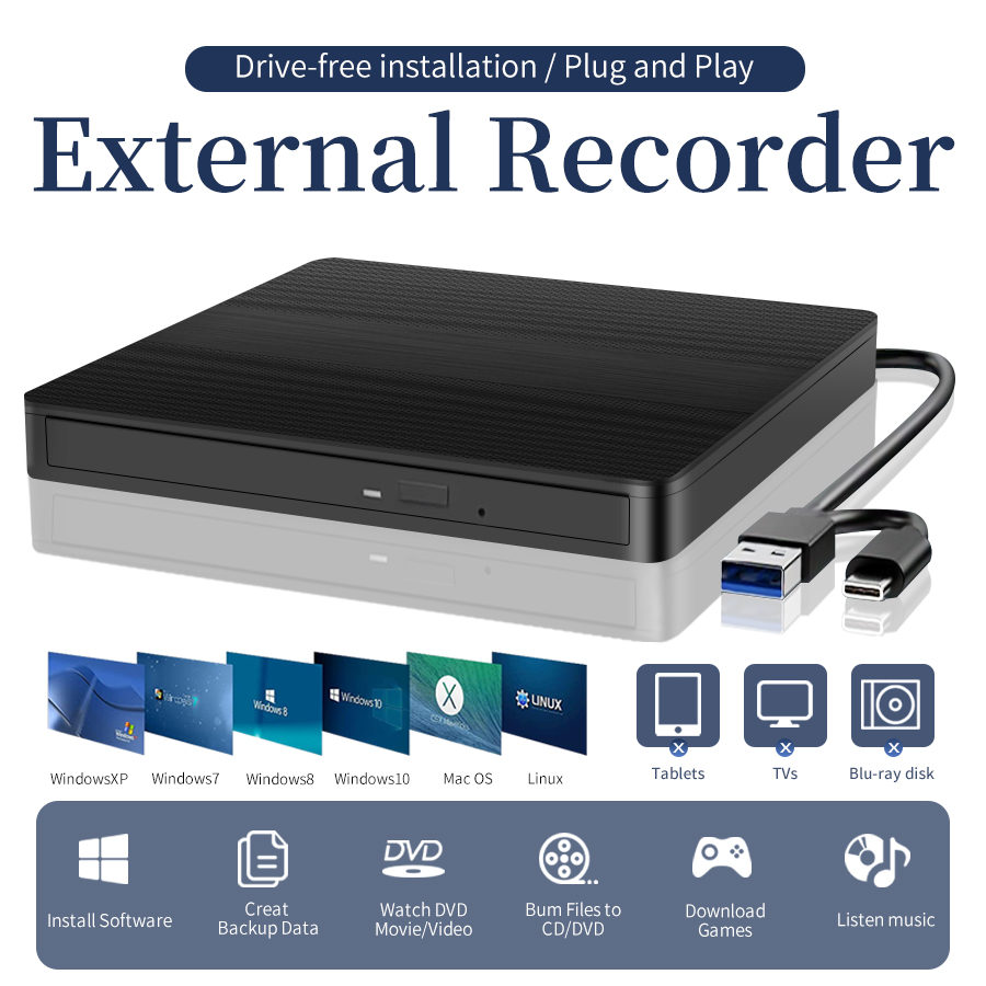 2 em 1 usb3.0 typec unidade de cd dvd externa unidade óptica fina leitor de queimador de cd-rbw externo reprodutor bluray para pc desktop mac linux