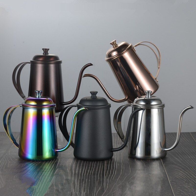 Lang mund hånd stempelkande fin mund gryde 650ml tykke 304 rustfrit stål dryp kaffekande filter brygning tekande kedel