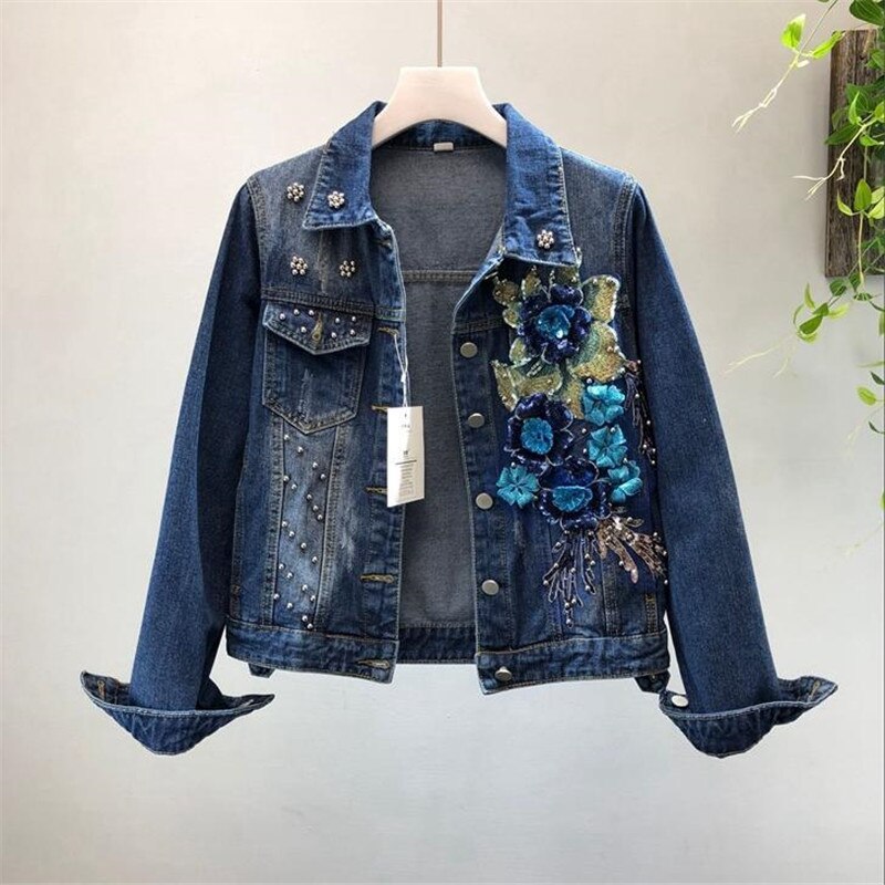automne femmes Denim veste broderie trois dimensions fleurs perle perle court manteau à manches longues jean veste d'extérieur: XL